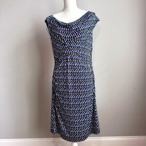 Chaus New York size L dress, cap sleeves, black, blue, white geometric pattern